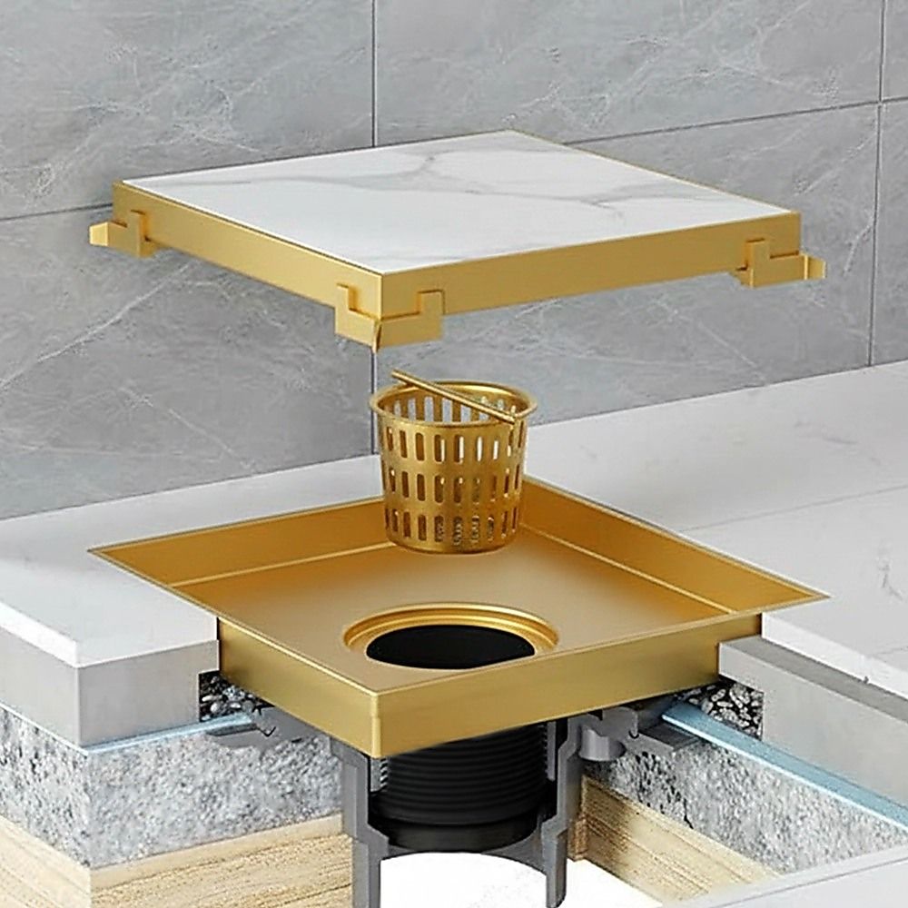 10x10cm Square Shower Drain with Removable Tile Insert Grate - Brushed Gold 304SS, CUPC Certified for Modern V63-955511