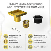10x10cm Square Shower Drain with Removable Tile Insert Grate - Brushed Gold 304SS, CUPC Certified for Modern V63-955511