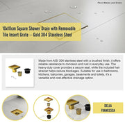 10x10cm Square Shower Drain with Removable Tile Insert Grate - Brushed Gold 304SS, CUPC Certified for Modern V63-955511