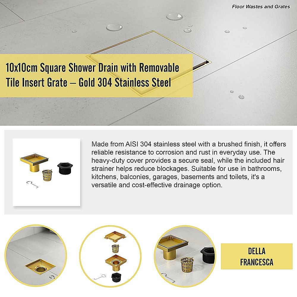 10x10cm Square Shower Drain with Removable Tile Insert Grate - Brushed Gold 304SS, CUPC Certified for Modern V63-955511