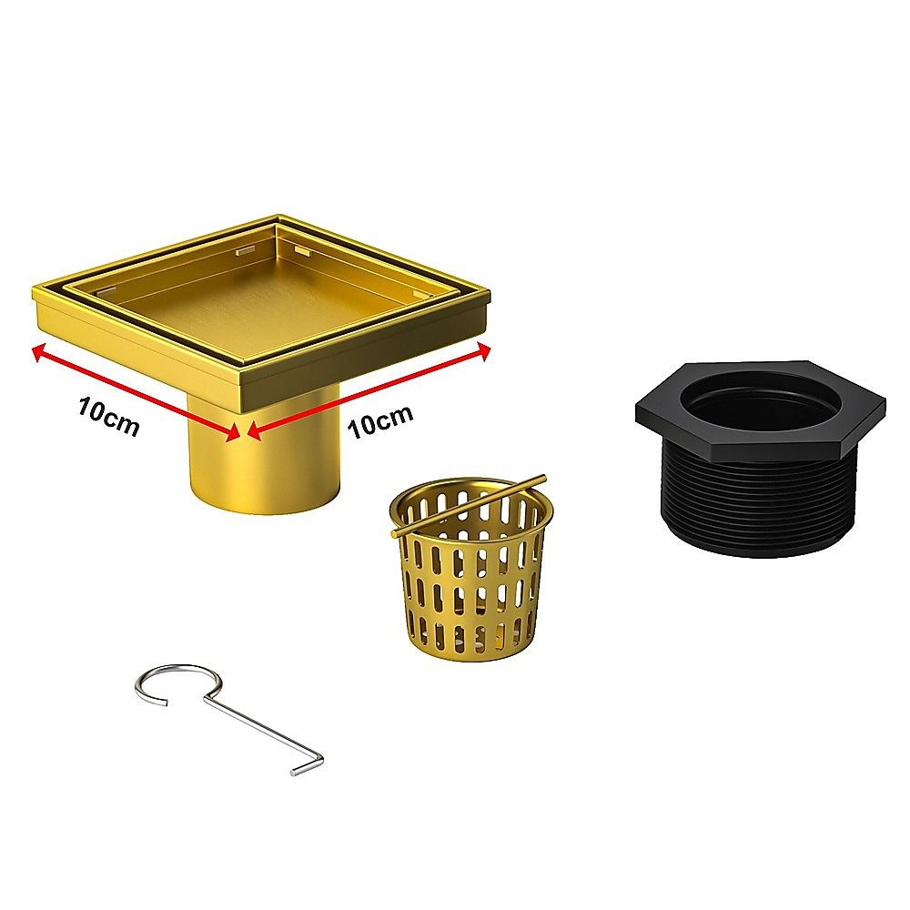 10x10cm Square Shower Drain with Removable Tile Insert Grate - Brushed Gold 304SS, CUPC Certified for Modern V63-955511