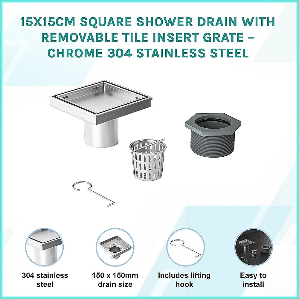 15x15cm Square Shower Drain with Removable Tile Insert Grate - Stainless steel 304SS, CUPC Certified for V63-955521
