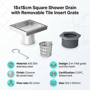 15x15cm Square Shower Drain with Removable Tile Insert Grate - Stainless steel 304SS, CUPC Certified for V63-955521