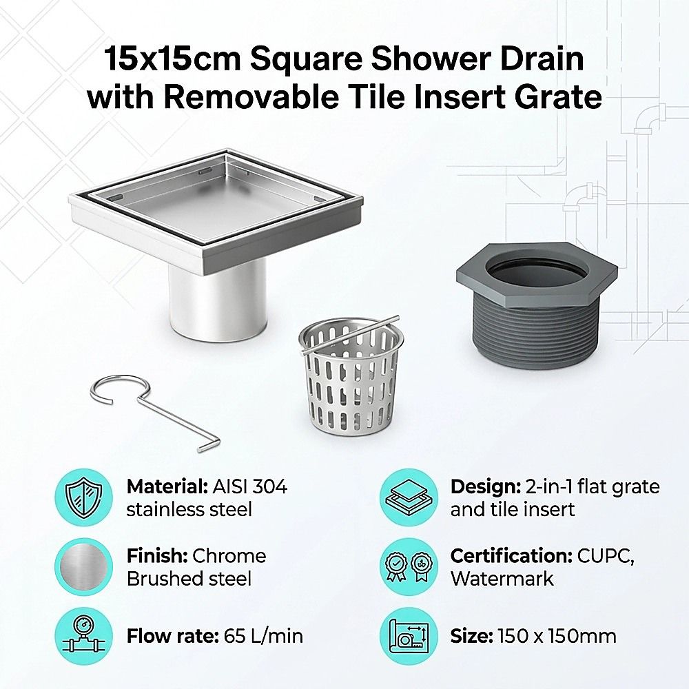 15x15cm Square Shower Drain with Removable Tile Insert Grate - Stainless steel 304SS, CUPC Certified for V63-955521