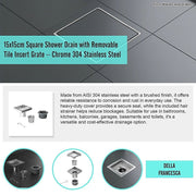 15x15cm Square Shower Drain with Removable Tile Insert Grate - Stainless steel 304SS, CUPC Certified for V63-955521