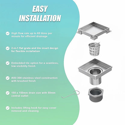15x15cm Square Shower Drain with Removable Tile Insert Grate - Stainless steel 304SS, CUPC Certified for V63-955521