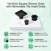 15x15cm Square Shower Drain with Removable Tile Insert Grate - Matte Black 304SS, CUPC Certified for Modern V63-955531