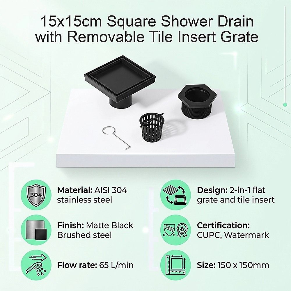 15x15cm Square Shower Drain with Removable Tile Insert Grate - Matte Black 304SS, CUPC Certified for Modern V63-955531