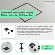 15x15cm Square Shower Drain with Removable Tile Insert Grate - Matte Black 304SS, CUPC Certified for Modern V63-955531