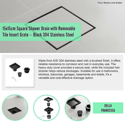 15x15cm Square Shower Drain with Removable Tile Insert Grate - Matte Black 304SS, CUPC Certified for Modern V63-955531