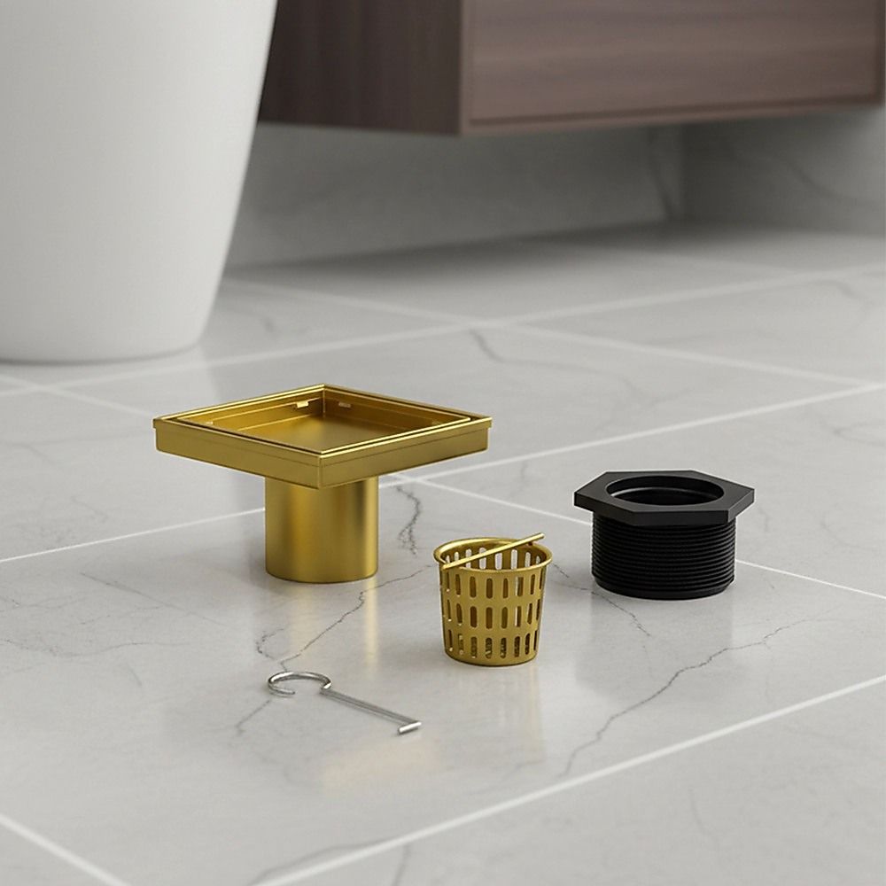 15x15cm Square Shower Drain with Removable Tile Insert Grate - Brushed Gold 304SS, CUPC Certified for Modern V63-955541