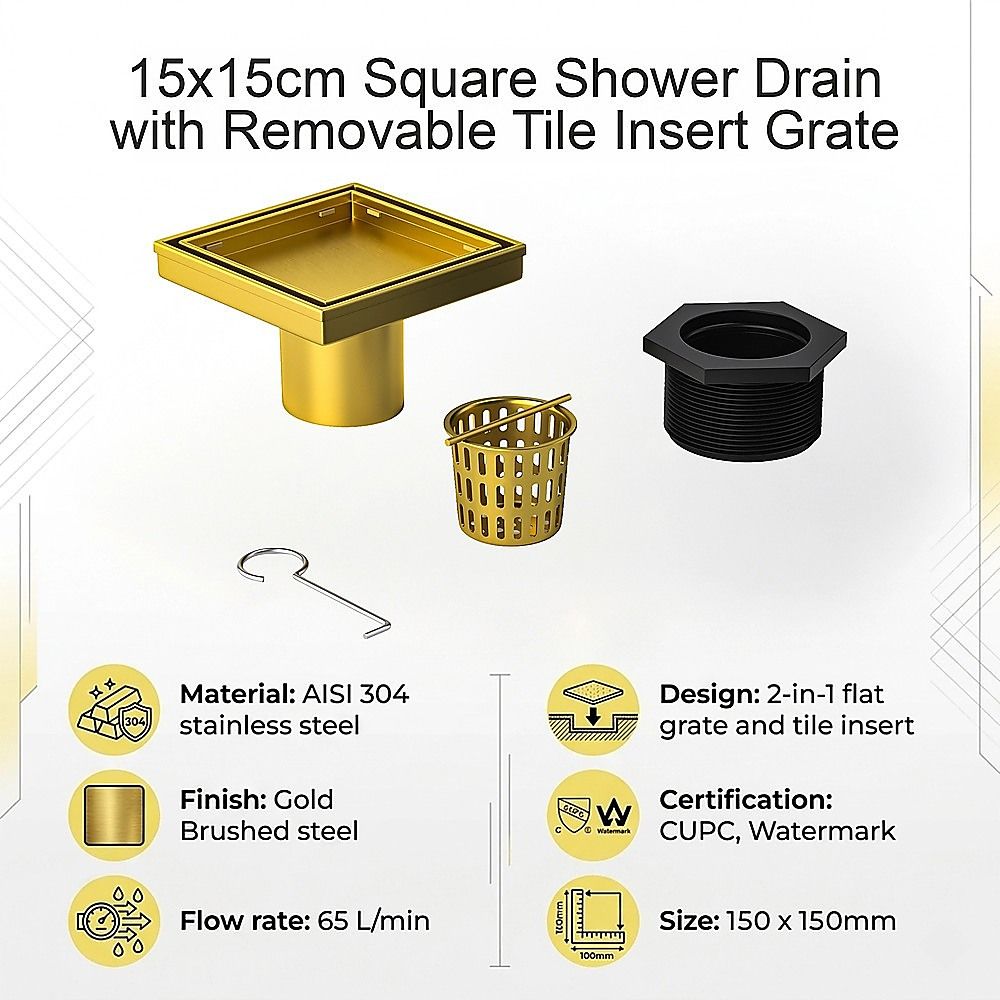15x15cm Square Shower Drain with Removable Tile Insert Grate - Brushed Gold 304SS, CUPC Certified for Modern V63-955541
