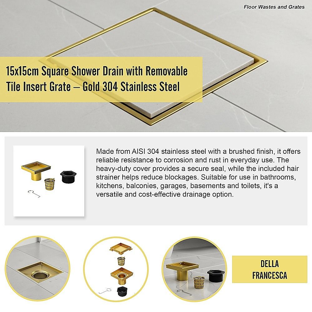 15x15cm Square Shower Drain with Removable Tile Insert Grate - Brushed Gold 304SS, CUPC Certified for Modern V63-955541