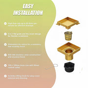 15x15cm Square Shower Drain with Removable Tile Insert Grate - Brushed Gold 304SS, CUPC Certified for Modern V63-955541