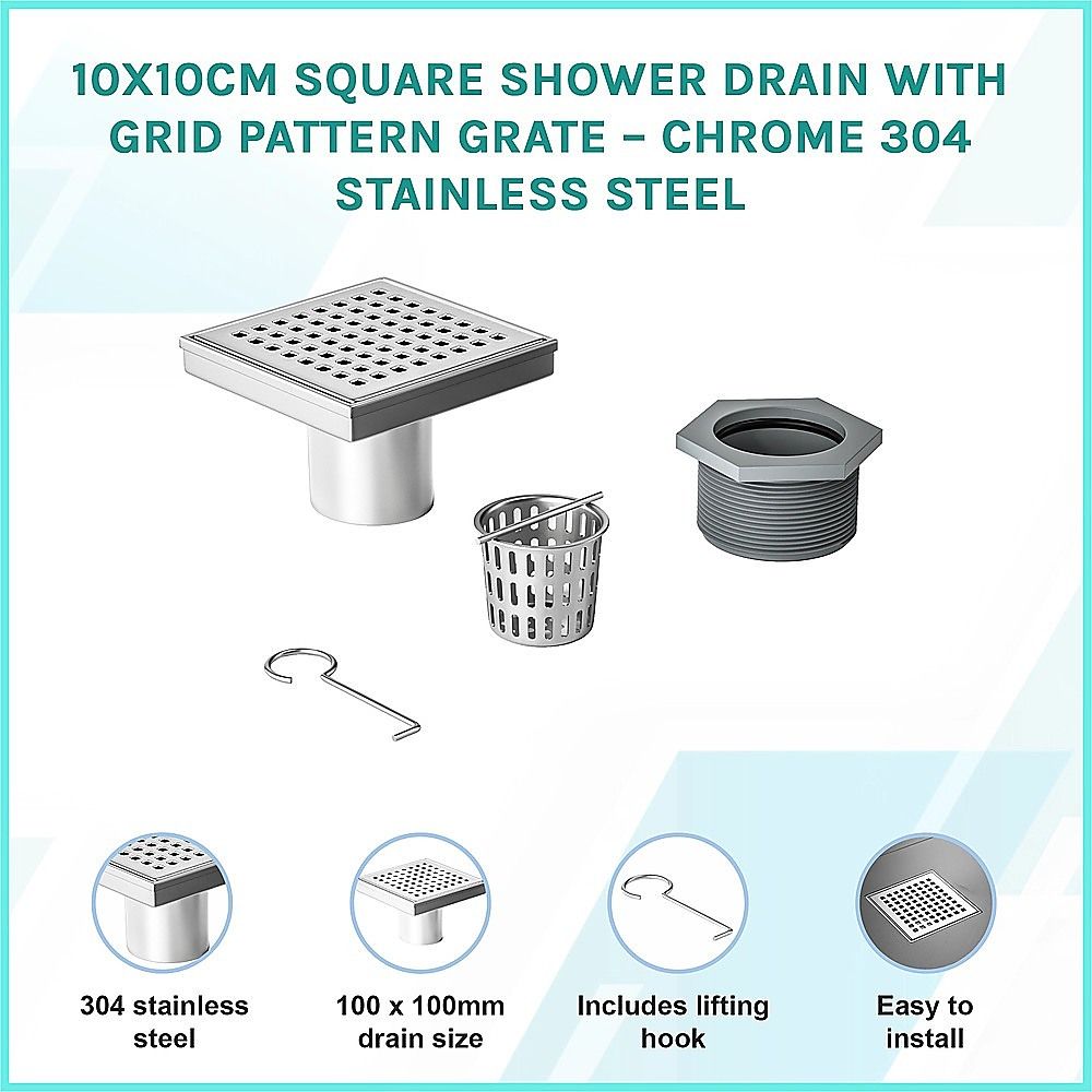 10x10cm Square Shower Drain with Grid Pattern Grate - 304 Stainless Steel, CUPC Certified with Hair Strainer V63-955561