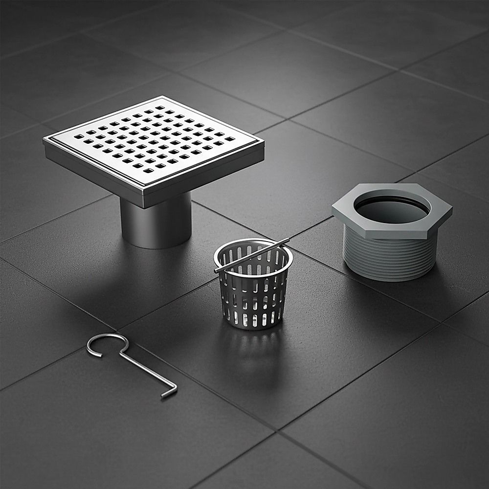 10x10cm Square Shower Drain with Grid Pattern Grate - 304 Stainless Steel, CUPC Certified with Hair Strainer V63-955561