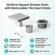 10x10cm Square Shower Drain with Grid Pattern Grate - 304 Stainless Steel, CUPC Certified with Hair Strainer V63-955561