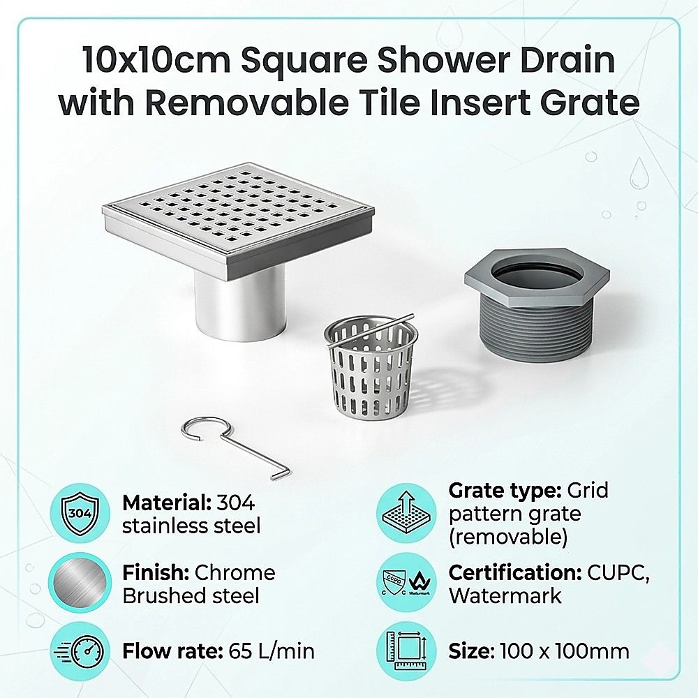 10x10cm Square Shower Drain with Grid Pattern Grate - 304 Stainless Steel, CUPC Certified with Hair Strainer V63-955561