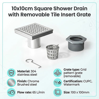10x10cm Square Shower Drain with Grid Pattern Grate - 304 Stainless Steel, CUPC Certified with Hair Strainer V63-955561