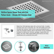 10x10cm Square Shower Drain with Grid Pattern Grate - 304 Stainless Steel, CUPC Certified with Hair Strainer V63-955561