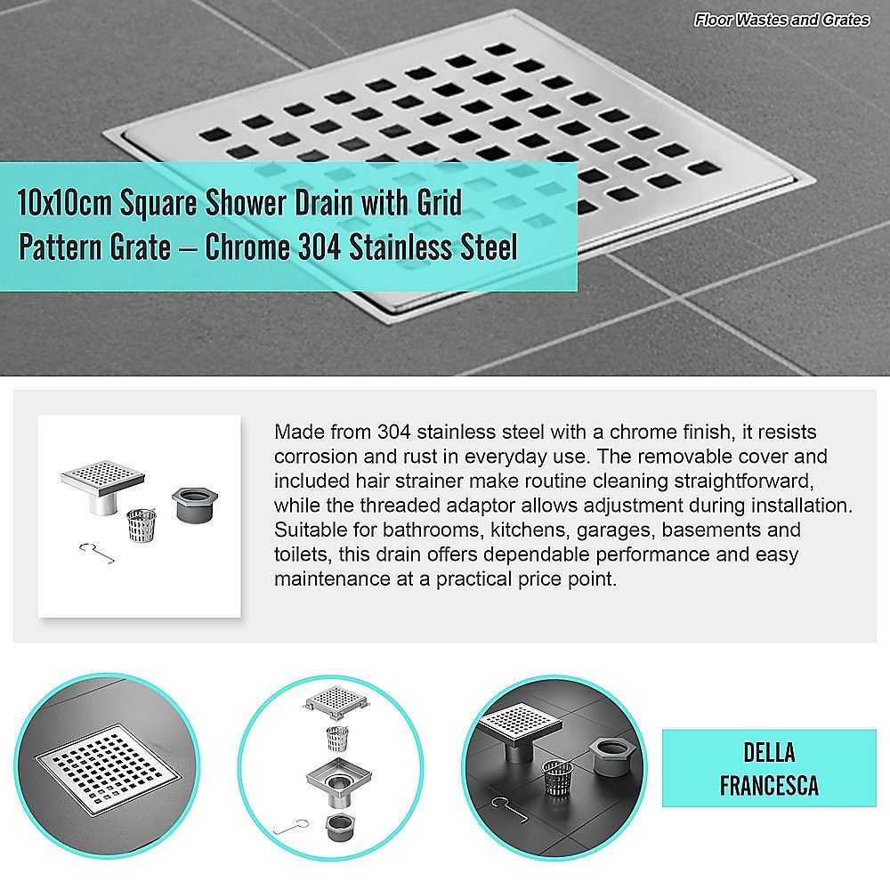10x10cm Square Shower Drain with Grid Pattern Grate - 304 Stainless Steel, CUPC Certified with Hair Strainer V63-955561