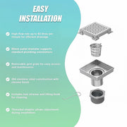10x10cm Square Shower Drain with Grid Pattern Grate - 304 Stainless Steel, CUPC Certified with Hair Strainer V63-955561