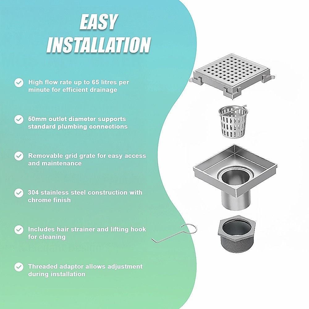 10x10cm Square Shower Drain with Grid Pattern Grate - 304 Stainless Steel, CUPC Certified with Hair Strainer V63-955561
