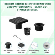 10x10cm Square Shower Drain with Grid Pattern Grate - Matte Black 304SS, CUPC Certified with Hair Strainer V63-955571
