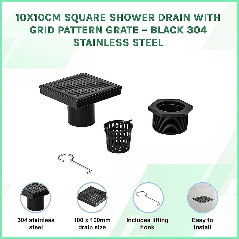 10x10cm Square Shower Drain with Grid Pattern Grate - Matte Black 304SS, CUPC Certified with Hair Strainer V63-955571