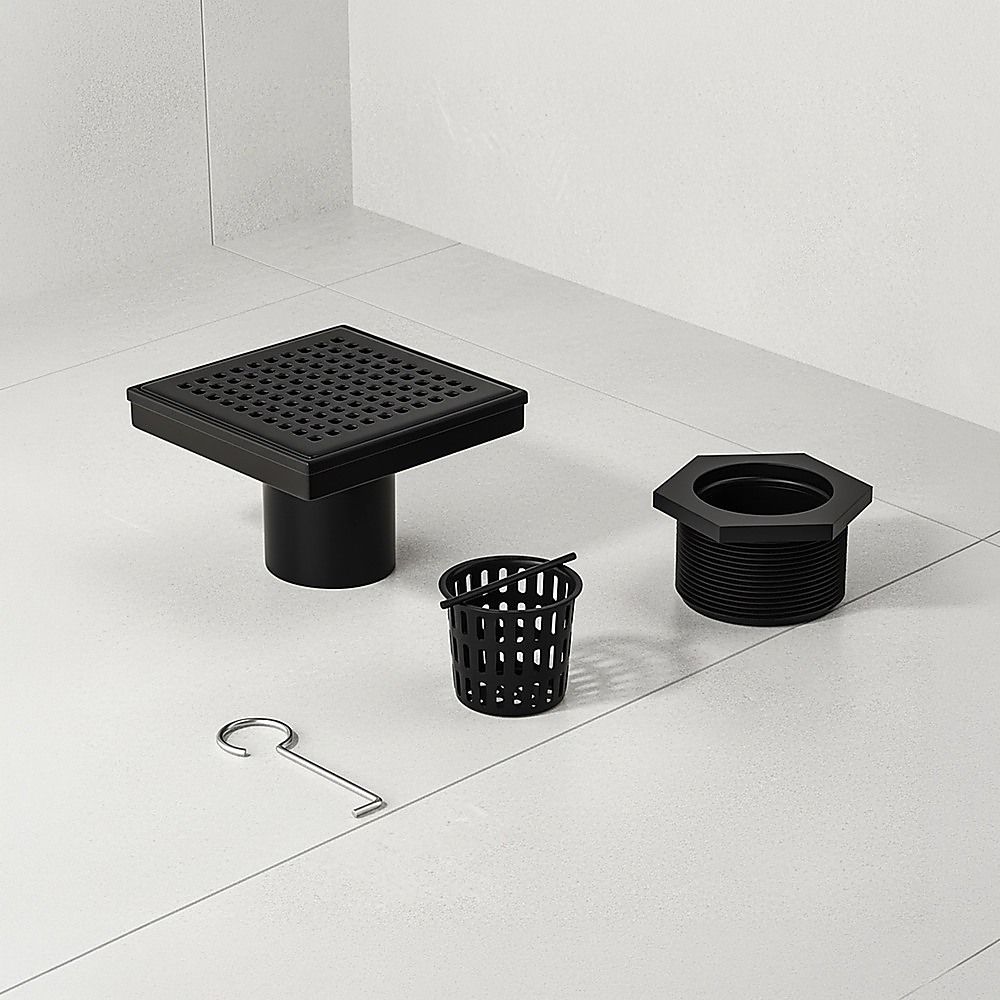 10x10cm Square Shower Drain with Grid Pattern Grate - Matte Black 304SS, CUPC Certified with Hair Strainer V63-955571