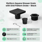 10x10cm Square Shower Drain with Grid Pattern Grate - Matte Black 304SS, CUPC Certified with Hair Strainer V63-955571