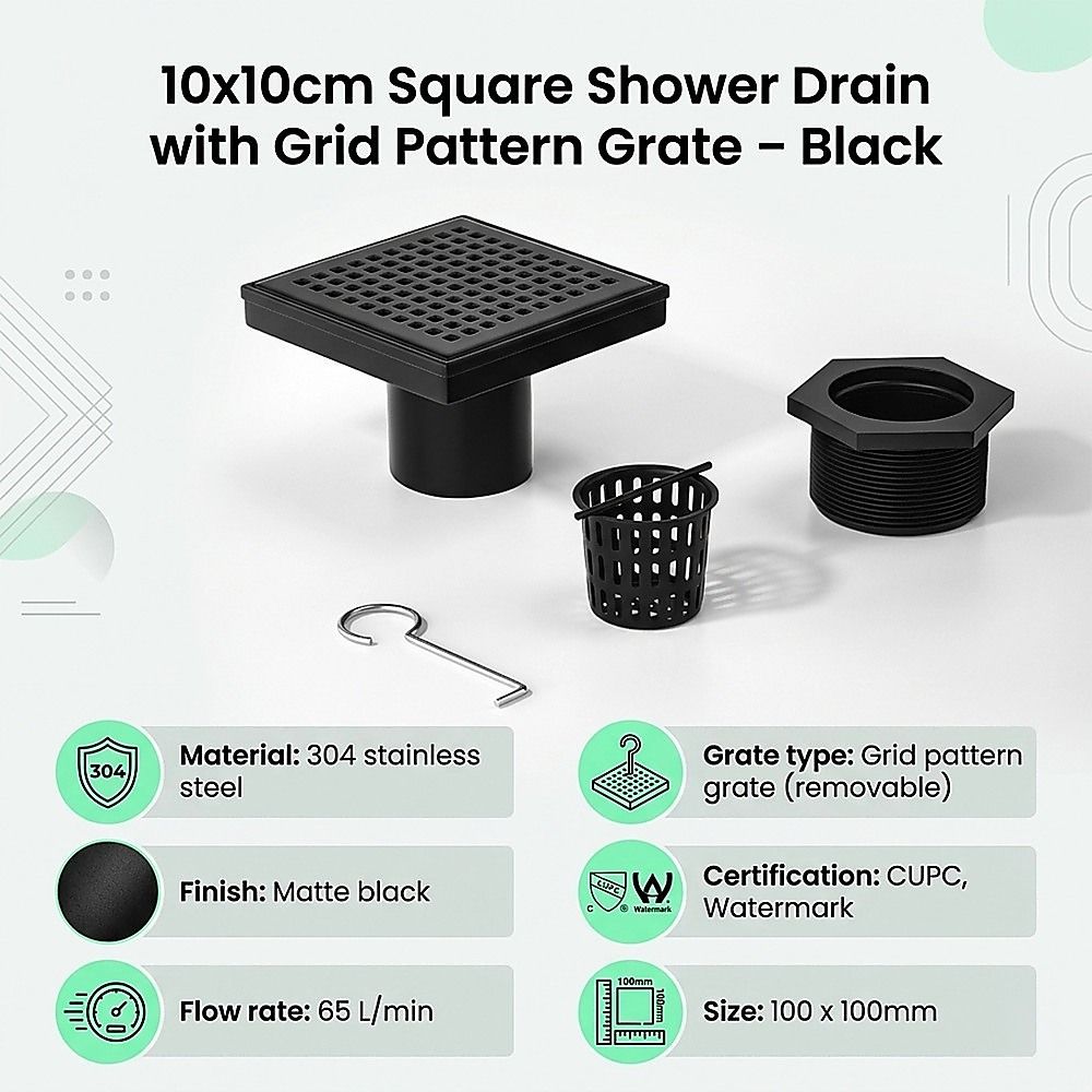 10x10cm Square Shower Drain with Grid Pattern Grate - Matte Black 304SS, CUPC Certified with Hair Strainer V63-955571