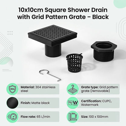 10x10cm Square Shower Drain with Grid Pattern Grate - Matte Black 304SS, CUPC Certified with Hair Strainer V63-955571