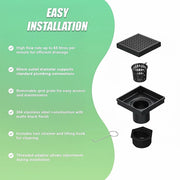 10x10cm Square Shower Drain with Grid Pattern Grate - Matte Black 304SS, CUPC Certified with Hair Strainer V63-955571