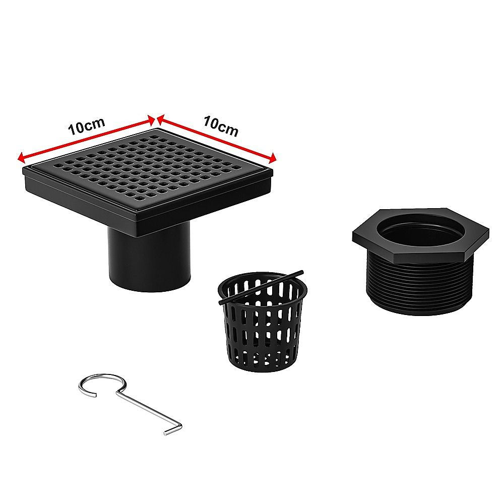 10x10cm Square Shower Drain with Grid Pattern Grate - Matte Black 304SS, CUPC Certified with Hair Strainer V63-955571