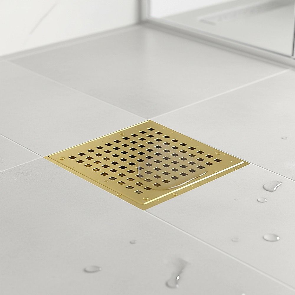 10x10cm Square Shower Drain with Grid Pattern Grate - Brushed Gold 304SS, CUPC Certified with Hair Strainer V63-955581
