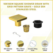 10x10cm Square Shower Drain with Grid Pattern Grate - Brushed Gold 304SS, CUPC Certified with Hair Strainer V63-955581