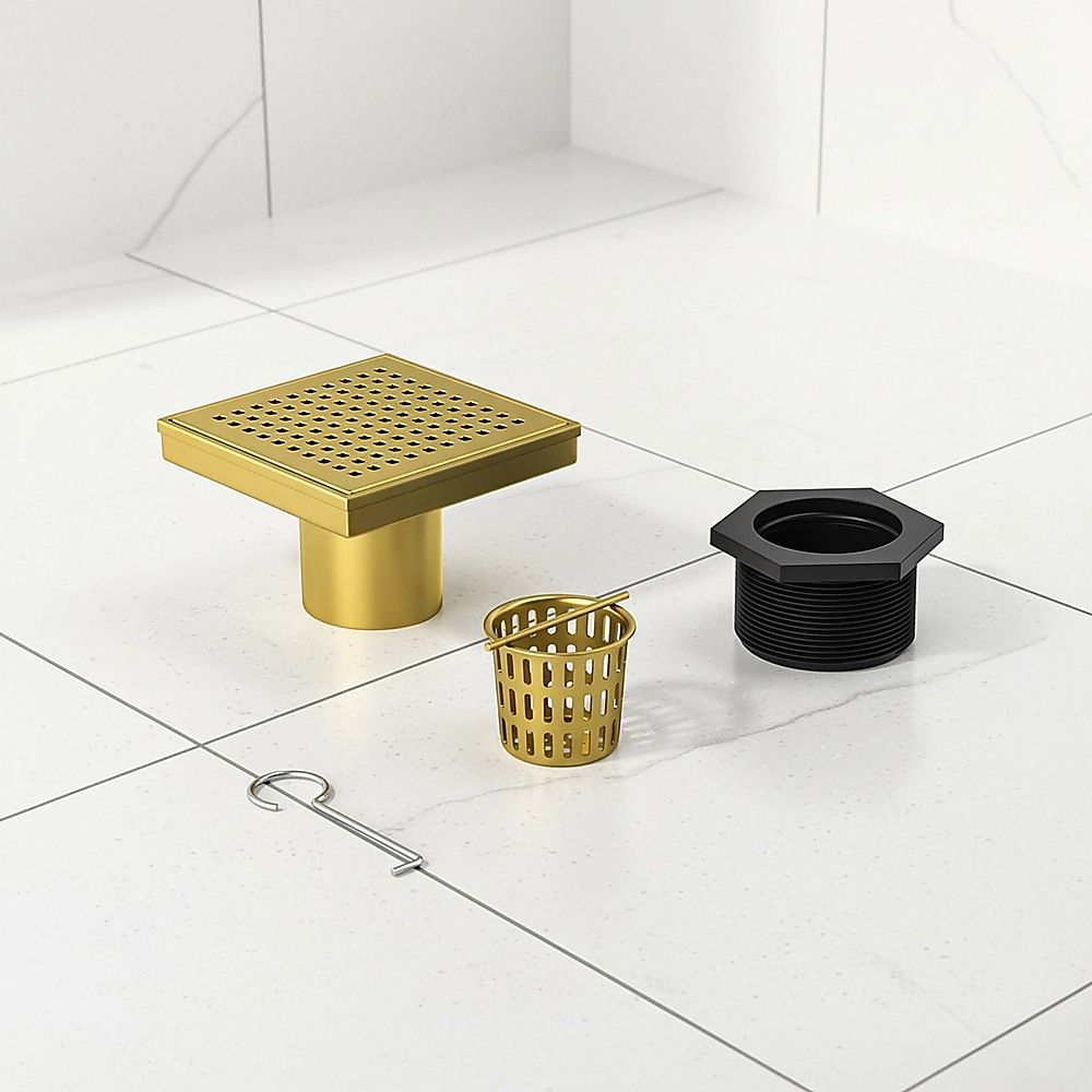 10x10cm Square Shower Drain with Grid Pattern Grate - Brushed Gold 304SS, CUPC Certified with Hair Strainer V63-955581