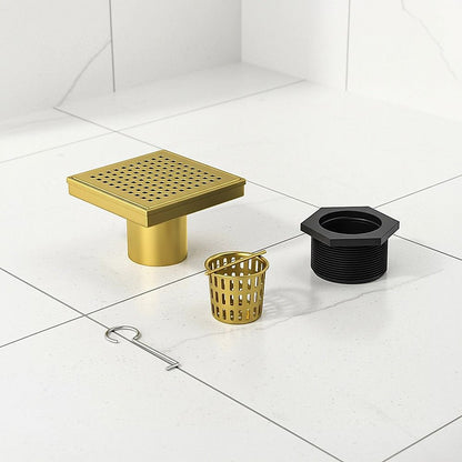 10x10cm Square Shower Drain with Grid Pattern Grate - Brushed Gold 304SS, CUPC Certified with Hair Strainer V63-955581