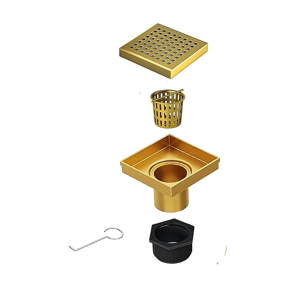 10x10cm Square Shower Drain with Grid Pattern Grate - Brushed Gold 304SS, CUPC Certified with Hair Strainer V63-955581