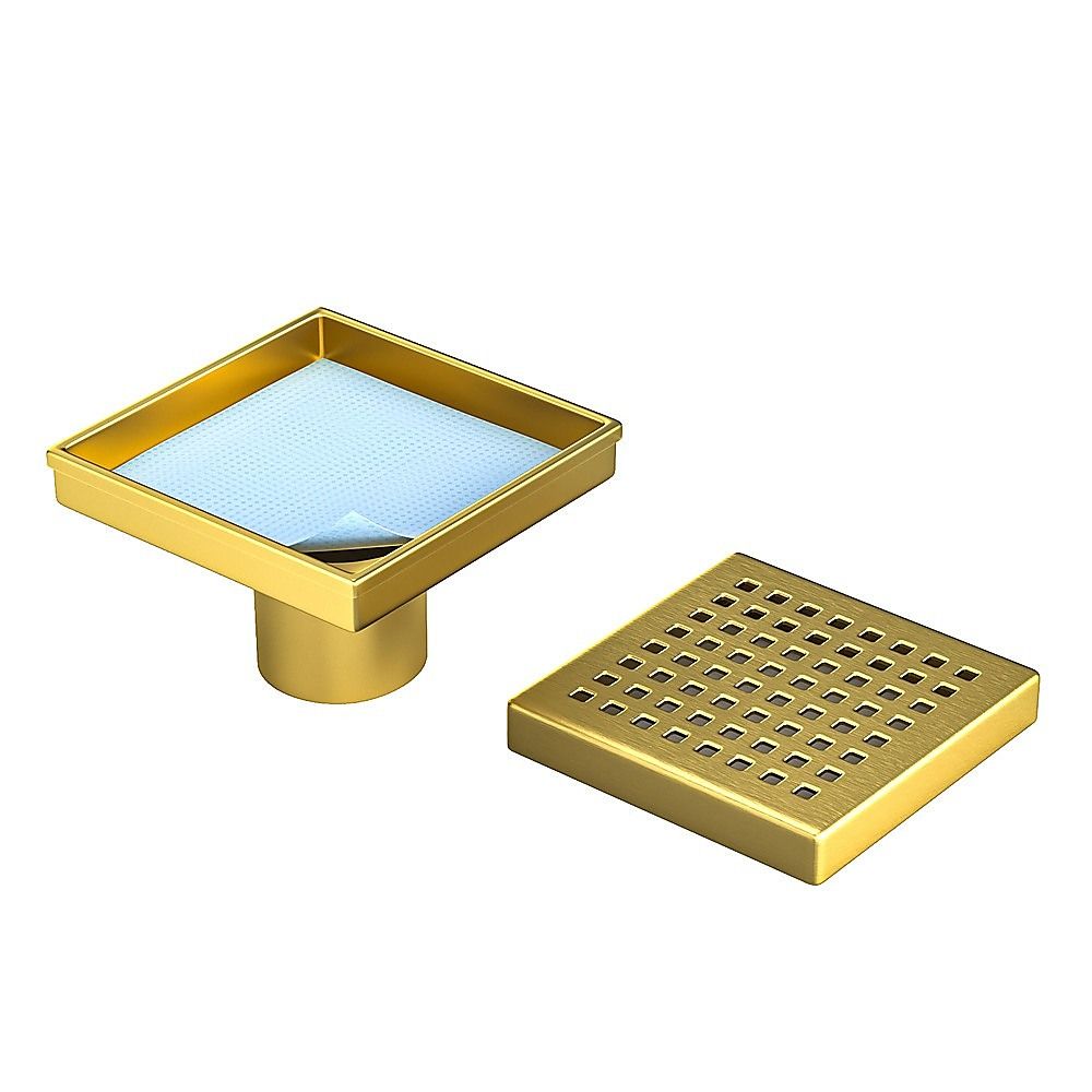 10x10cm Square Shower Drain with Grid Pattern Grate - Brushed Gold 304SS, CUPC Certified with Hair Strainer V63-955581