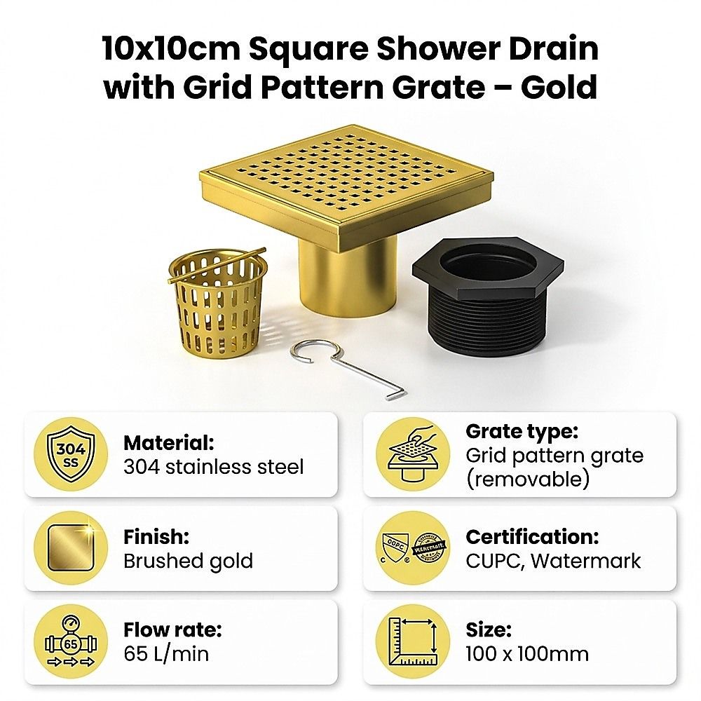 10x10cm Square Shower Drain with Grid Pattern Grate - Brushed Gold 304SS, CUPC Certified with Hair Strainer V63-955581