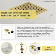 10x10cm Square Shower Drain with Grid Pattern Grate - Brushed Gold 304SS, CUPC Certified with Hair Strainer V63-955581
