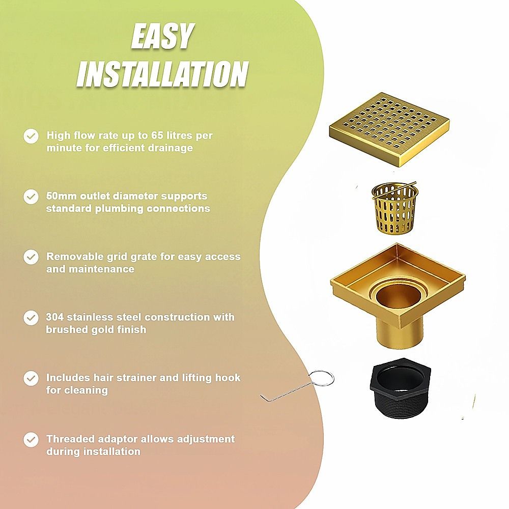 10x10cm Square Shower Drain with Grid Pattern Grate - Brushed Gold 304SS, CUPC Certified with Hair Strainer V63-955581