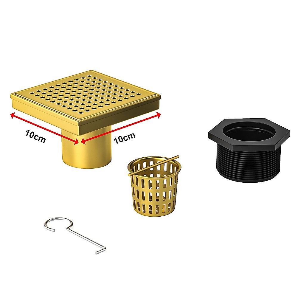10x10cm Square Shower Drain with Grid Pattern Grate - Brushed Gold 304SS, CUPC Certified with Hair Strainer V63-955581
