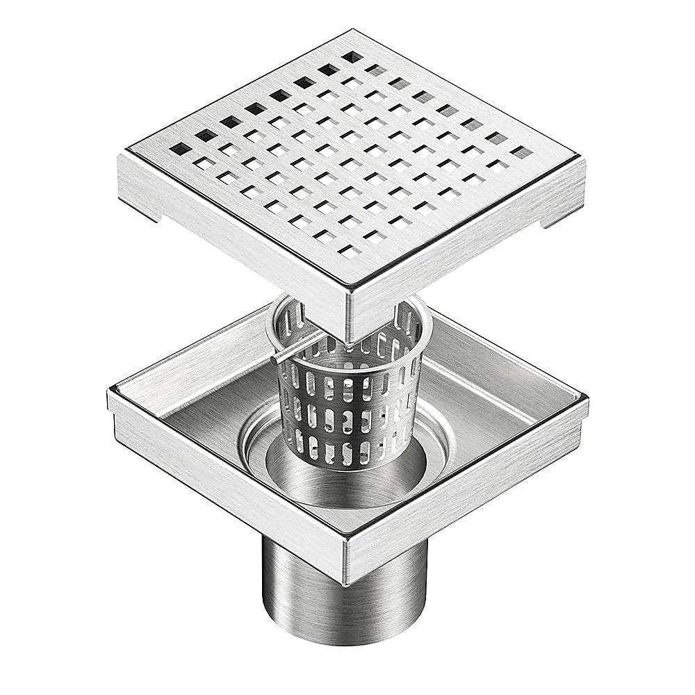 15x15cm Square Shower Drain with Grid Pattern Grate - 304 SS, CUPC Certified with Hair Strainer V63-955591