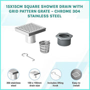 15x15cm Square Shower Drain with Grid Pattern Grate - 304 SS, CUPC Certified with Hair Strainer V63-955591