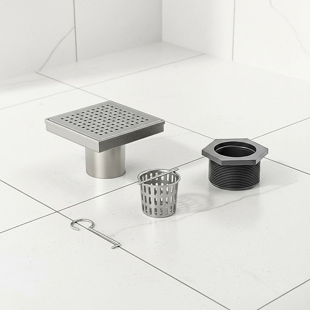 15x15cm Square Shower Drain with Grid Pattern Grate - 304 SS, CUPC Certified with Hair Strainer V63-955591