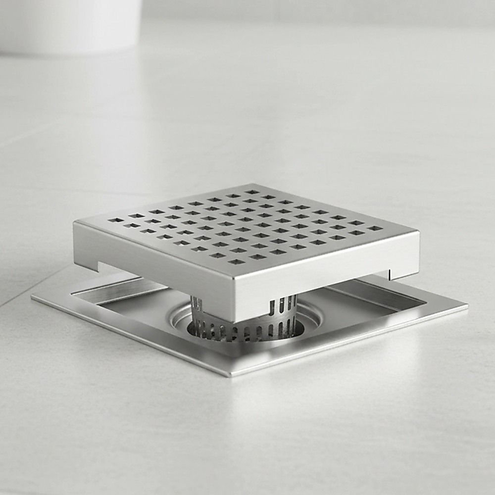 15x15cm Square Shower Drain with Grid Pattern Grate - 304 SS, CUPC Certified with Hair Strainer V63-955591