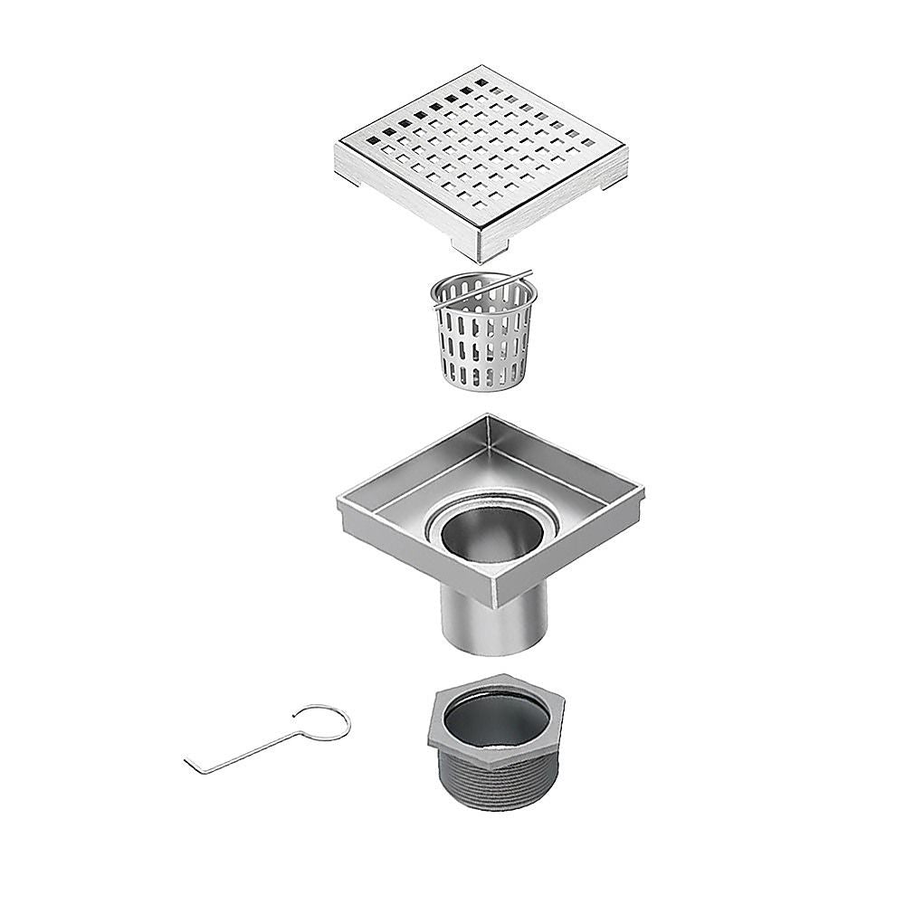 15x15cm Square Shower Drain with Grid Pattern Grate - 304 SS, CUPC Certified with Hair Strainer V63-955591